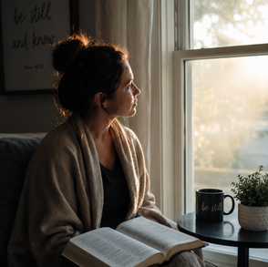 Woman in a robe sits by a sunny window reading an open book, with a mug labeled be still and a pensive mood.