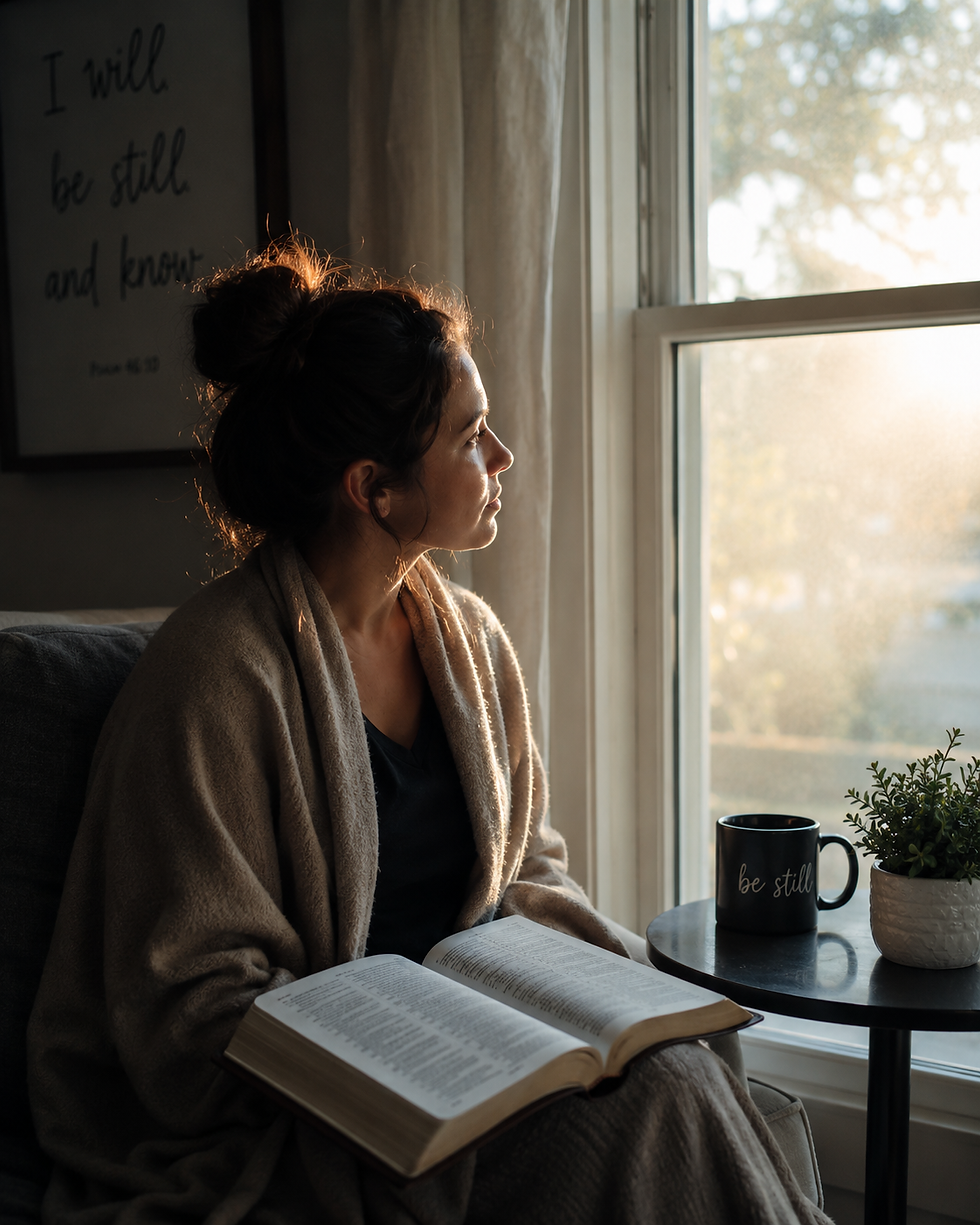 Woman in a robe sits by a sunny window reading an open book, with a mug labeled be still and a pensive mood.