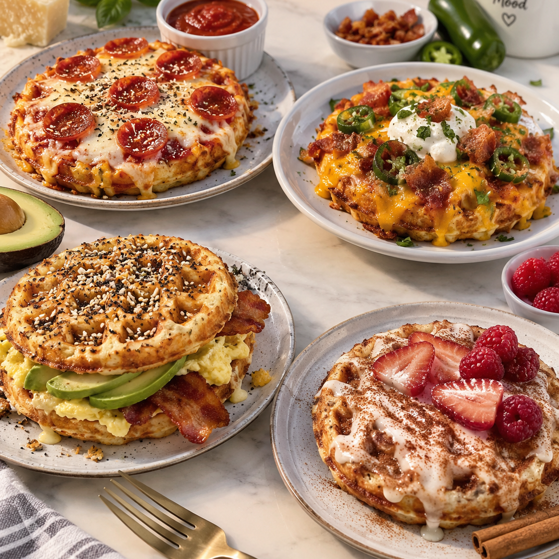 Four loaded pancake stacks on a marble counter: pepperoni pizza, jalapeño bacon, avocado egg, and berry cream; Good Food Good Mood mug.