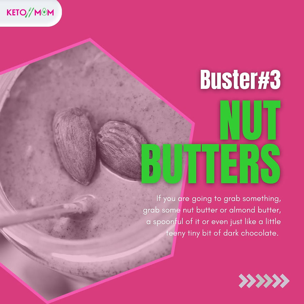 Pink Keto Mom poster with almonds in a jar of nut butter, reading Buster #3 Nut Butters and a tip about almond butter and dark chocolate.