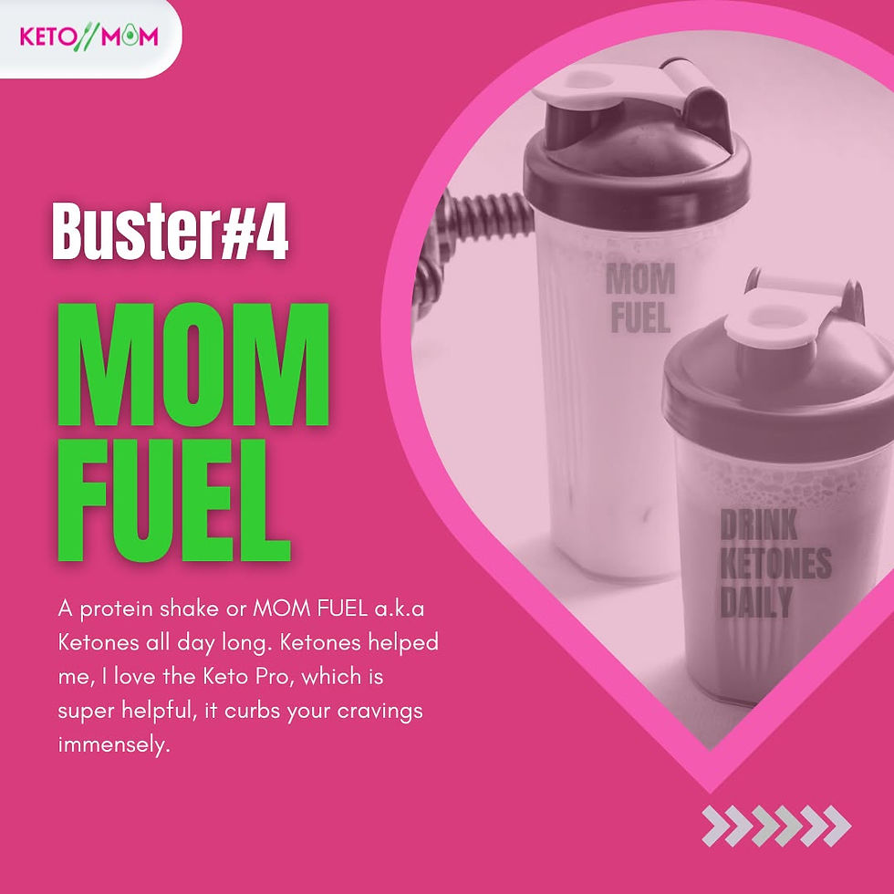 Pink Keto Mom promo with two shaker bottles in a heart frame, labeled MOM FUEL and DRINK KETONES DAILY, headline Buster#4.