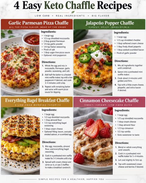 4 Easy Keto Chaffle Recipes infographic with four chaffles: garlic Parmesan pizza, jalapeño popper, everything bagel, cinnamon cheesecake.