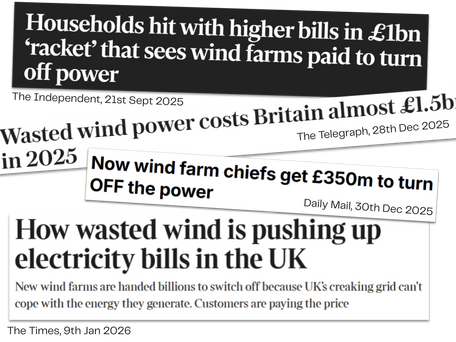 Headlines showing the cost of curtailing wind energy in the UK