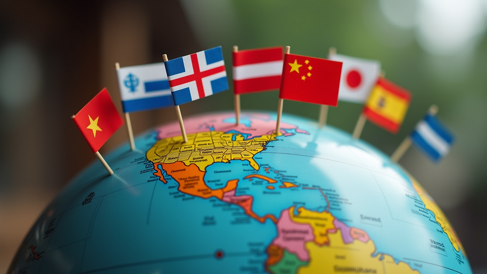 Close-up view of a globe with language flags pinned on different countries