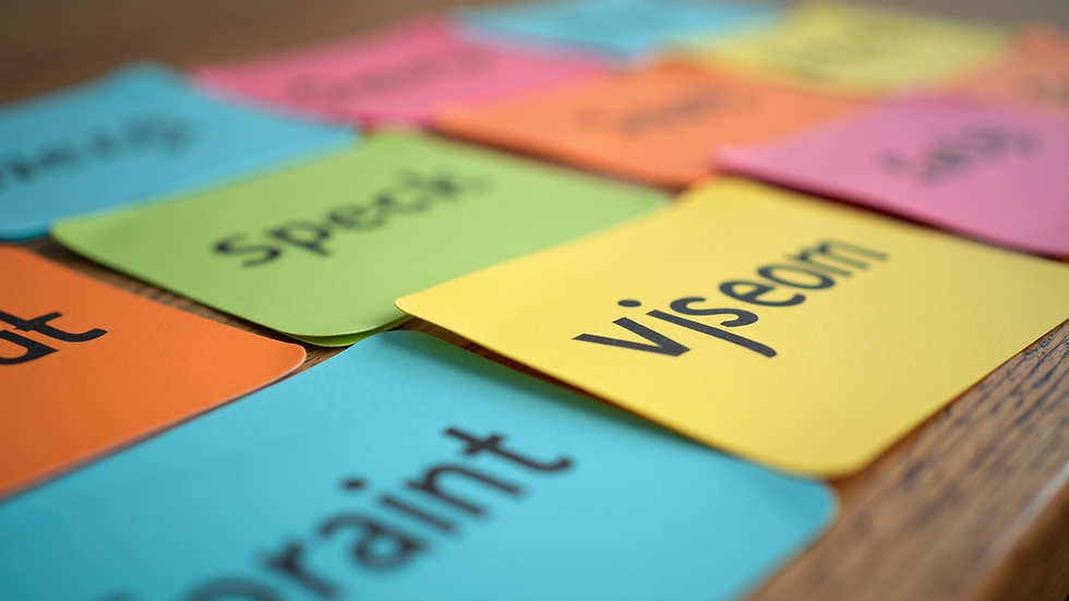 Close-up view of colourful flashcards with vocabulary words