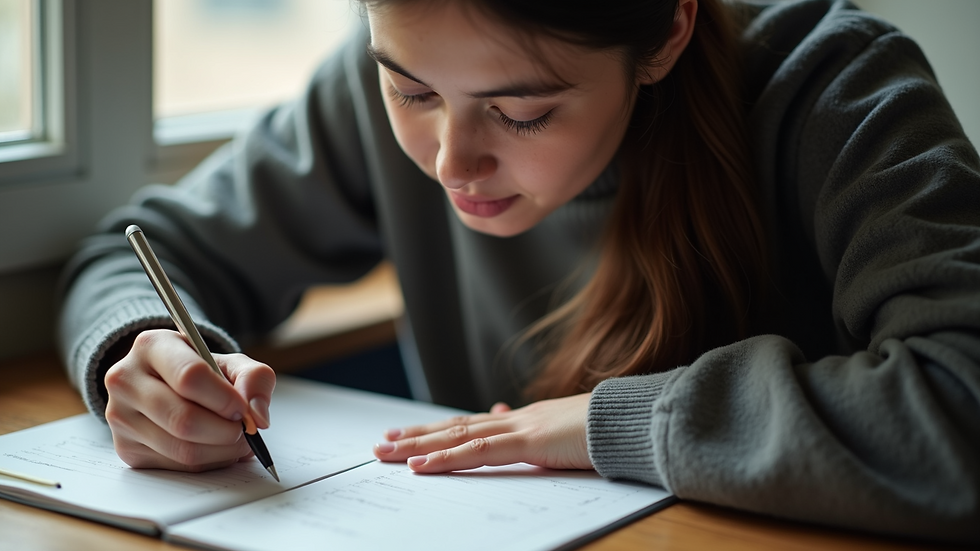 High angle view of a student writing notes during a language lesson