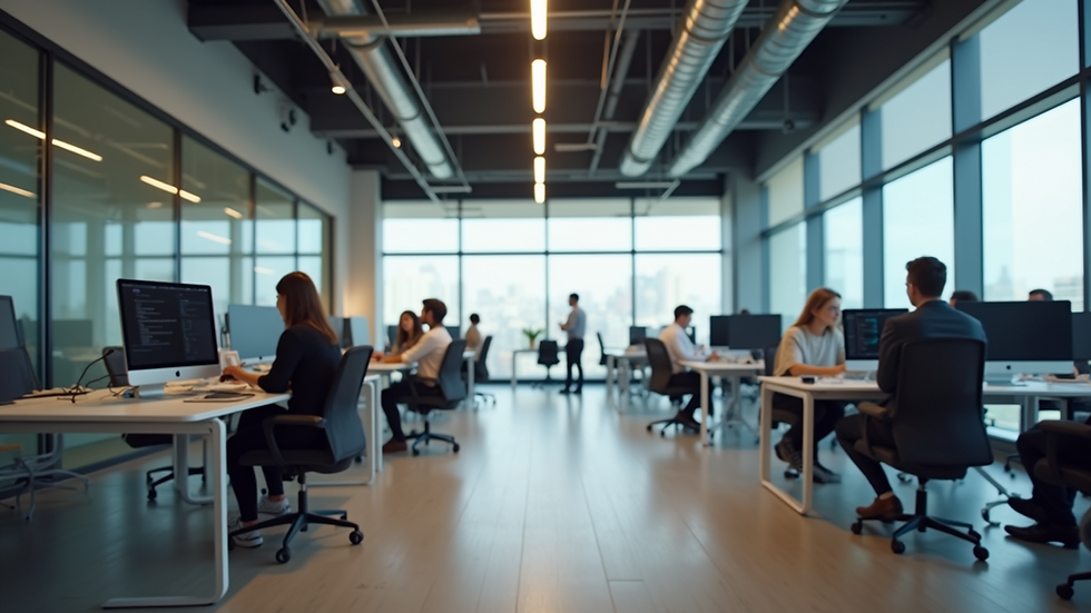 Eye-level view of a modern office space with collaborative workstations