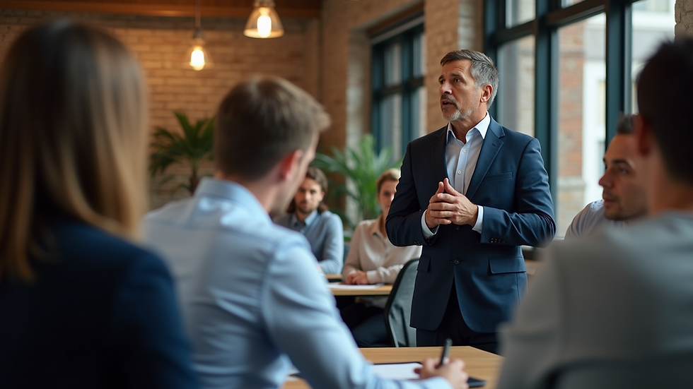 Close-up view of a trainer presenting advanced NLP techniques to a focused audience