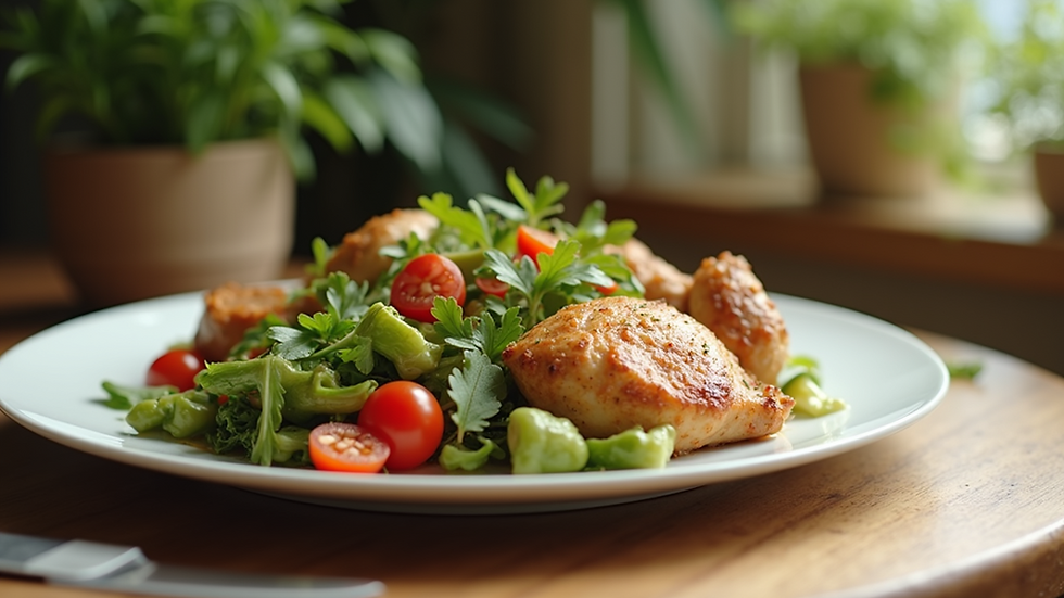 Wide angle view of a healthy meal plate with chicken and vegetables