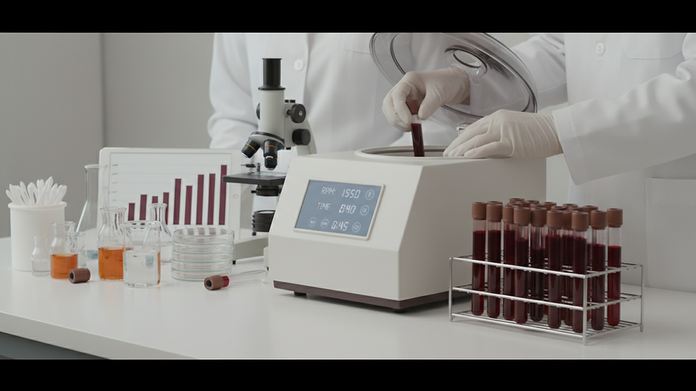 Eye-level view of laboratory equipment with blood test tubes