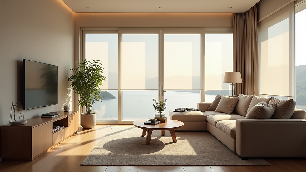 Eye-level view of a modern living room with motorized blinds