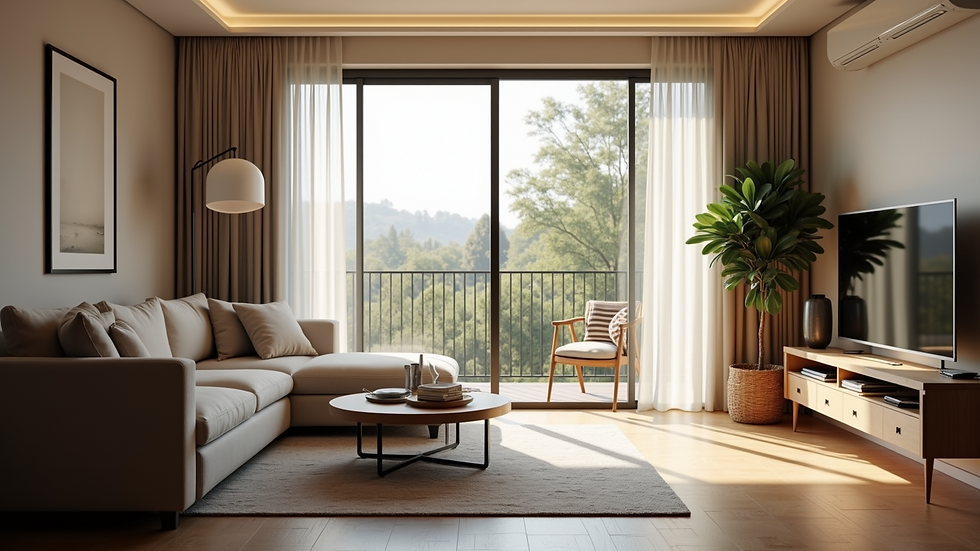 Eye-level view of a modern living room with energy-efficient lighting