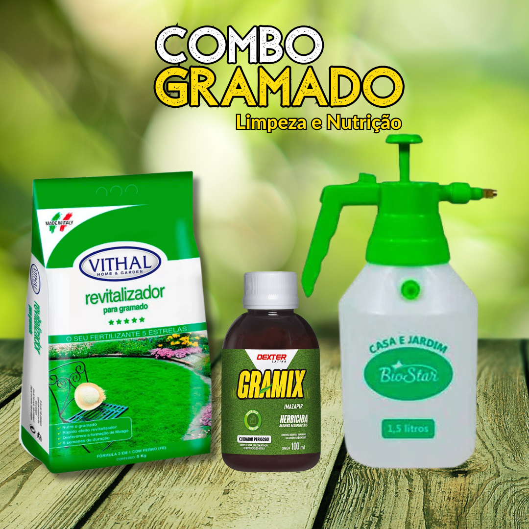 Combo Gramado- Revitalizador 5 kg, Gramix 100 ml e Pulverizador 1,5 L