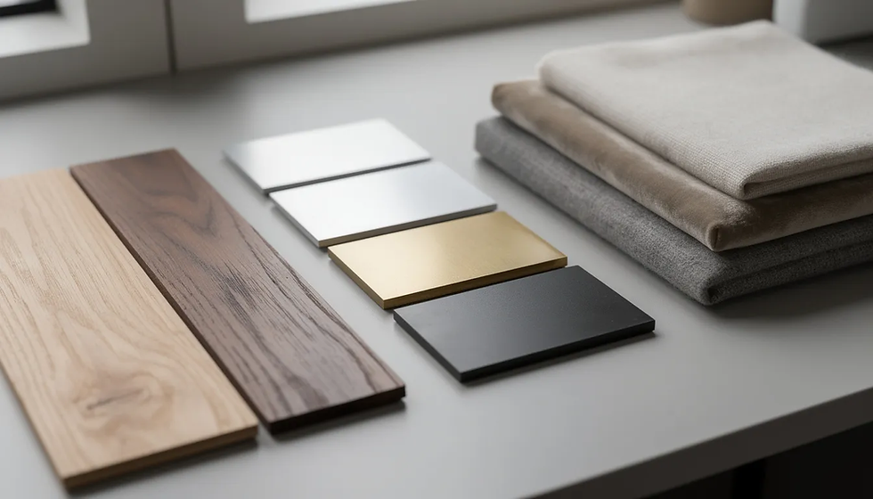 Die Nahaufnahme zeigt eine Auswahl an Holz-, Metall- und Stoffmustern, die für die Gestaltung von Innenräumen, insbesondere für Friseureinrichtungen und Salondesign, verwendet werden können. Die verschiedenen Materialien und Texturen vermitteln ein Gefühl von Qualität und Leidenschaft für das Design.