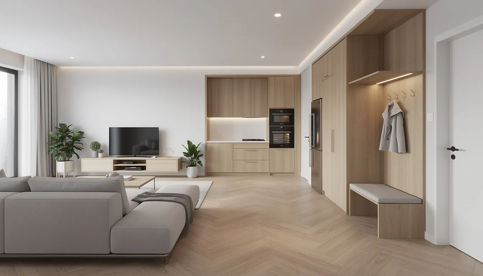 Der offene Wohnbereich zeigt eine harmonisch abgestimmte Küche und Garderobe, beide im gleichen Holzdekor gestaltet. Die modernen Küchenmöbel und die durchdachte Küchenplanung schaffen eine einladende Atmosphäre, die Funktionalität und Stil vereint.