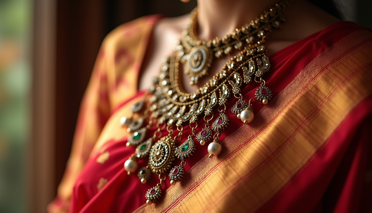 Close-up view of traditional imitation necklace with intricate design on a saree