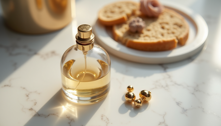 High angle view of gold earrings placed beside a perfume bottle on a marble surface
