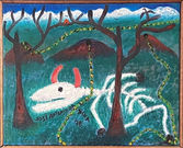 Obra em óleo sobre tela do artista José Antonio da Silva do ano de 1978. Representando uma caveira de boi entre árvores, nas cores azul, amarelo, branco, marrom, preto e verde. 