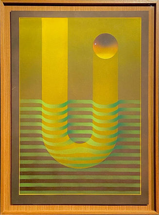 Obra em acrílica sobre papel do artista Julio Le Parc do ano de 1985. Obra com elementos geométricos em tons de amarelo e verde. 