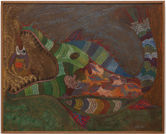 Obra em guache sobre papel colado em eucatex do artista Chico da Silva, da década de 1960. Obra colorida com figuras representando animais, com cores e estilo que remetem à cultura popular e ao folclore brasileiro