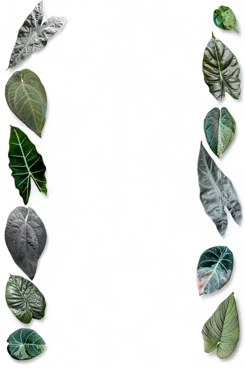 foliage of various tropical plants, alocasia, philodendron, anthurium, flatlay on a white