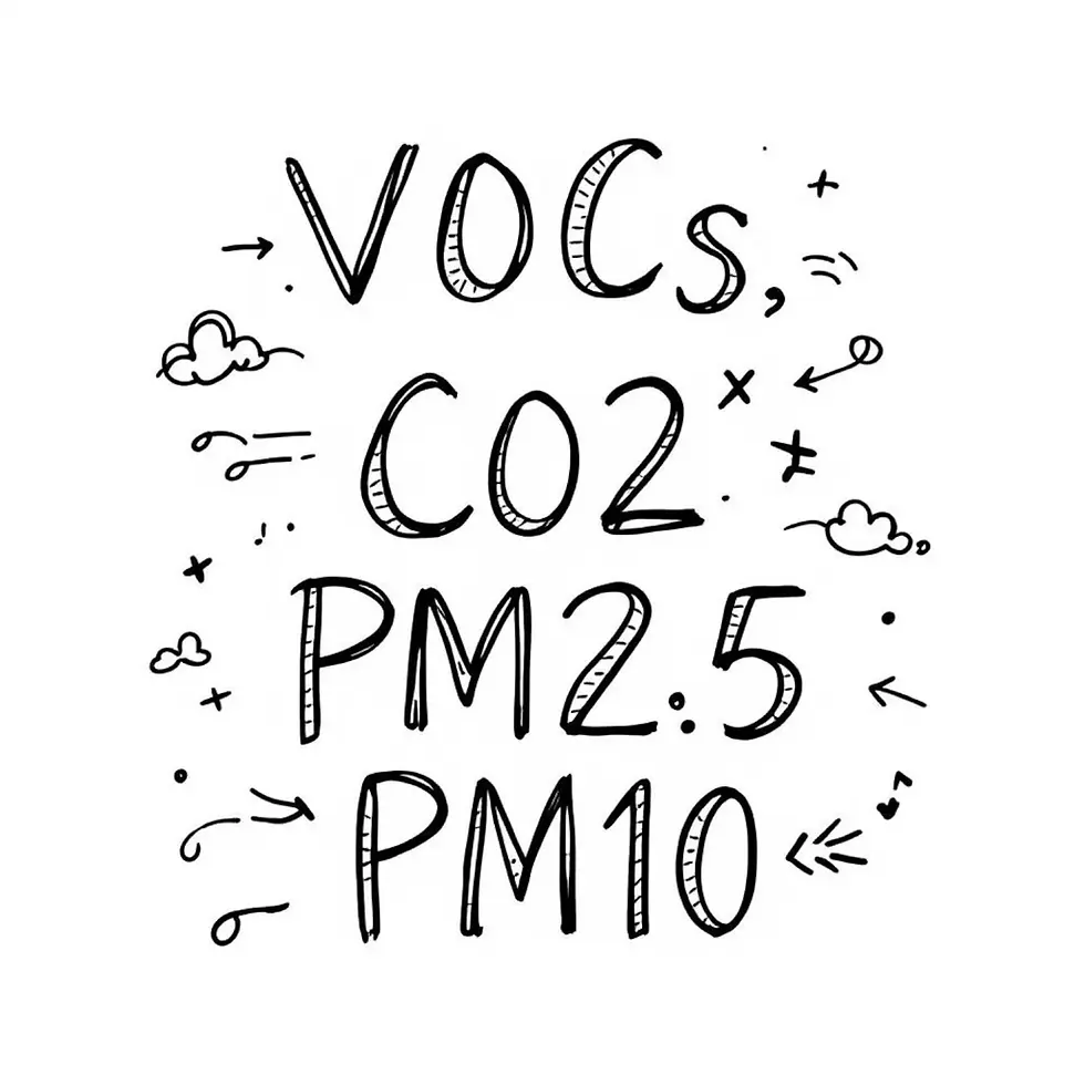 Einfache Zeichnung mit den Begriffen VOCs, CO₂, PM2.5, PM10