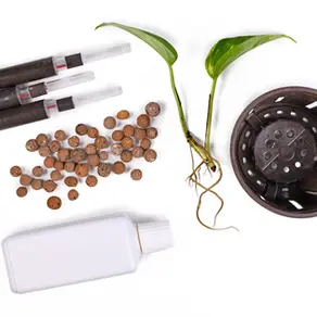 Epipremnum aureum cutting, LECA, self-watering pot, water level indicator, and bottle of liquid fertilizer laid out separately on white background - Semi-hydroponics isn’t just plug-and-play — every element matters. From LECA and water indicators to nutrient solutions and substrate choice, success depends on how you use each one.
