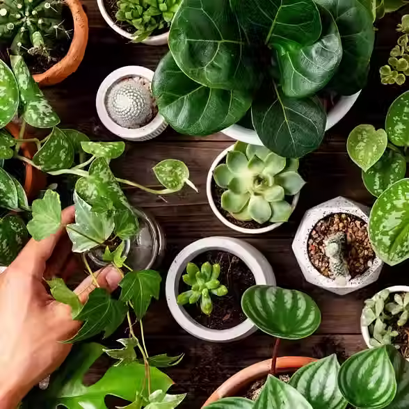 Flatlay - Various potted houseplants on a table