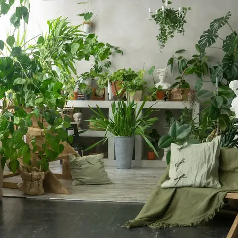 Ein modernes Wohnzimmer mit vielen Zimmerpflanzen in unterschiedlichen Größen, umgeben von stilvollen Möbeln und Deko-Skulpturen