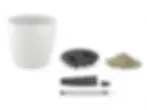 Lechuza self-watering pot system disassembled to show outer pot, reservoir insert, and water meter.