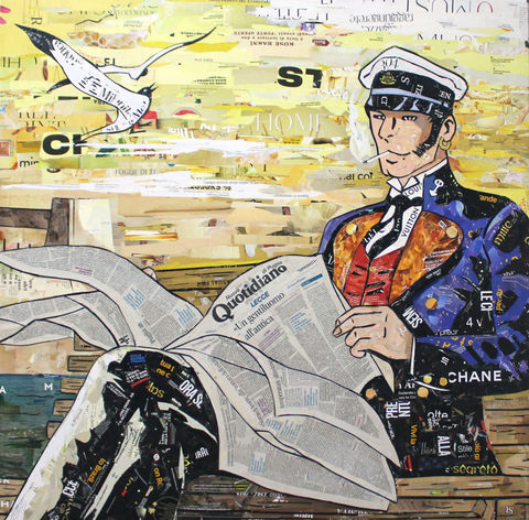 Corto Maltese Quotidiano Paper collage on canvas 100x100 cm