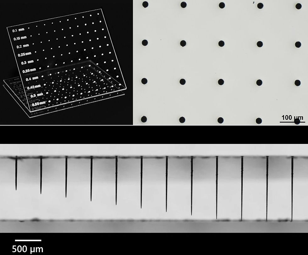 Figure 4. TGV fabrication. (left) Selective laser etching of TGV, courtesy of WOP. (right, bottom) Percussion drilling of TGV, courtesy of Akoneer.