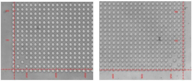 Figure 13. < 1 μm offset error_ observed through transparent component 130 N over a 640x512 format _ 5 μm bump, 15 μm pitch 10x8 mm2 Indium bump array.