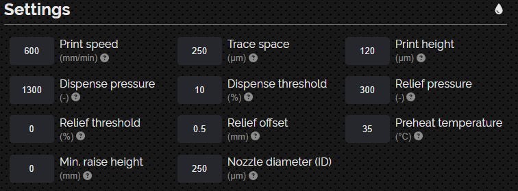 Figure 10: NOVA print settings, top conductive layer