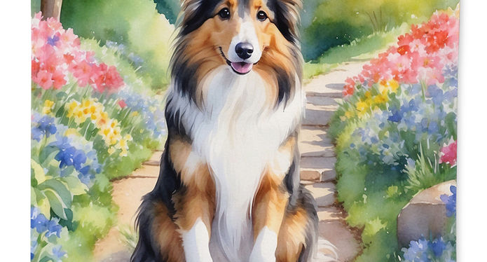 Shop this charming dog garden flag & add our space for pet lovers. Collie with colorful flowers