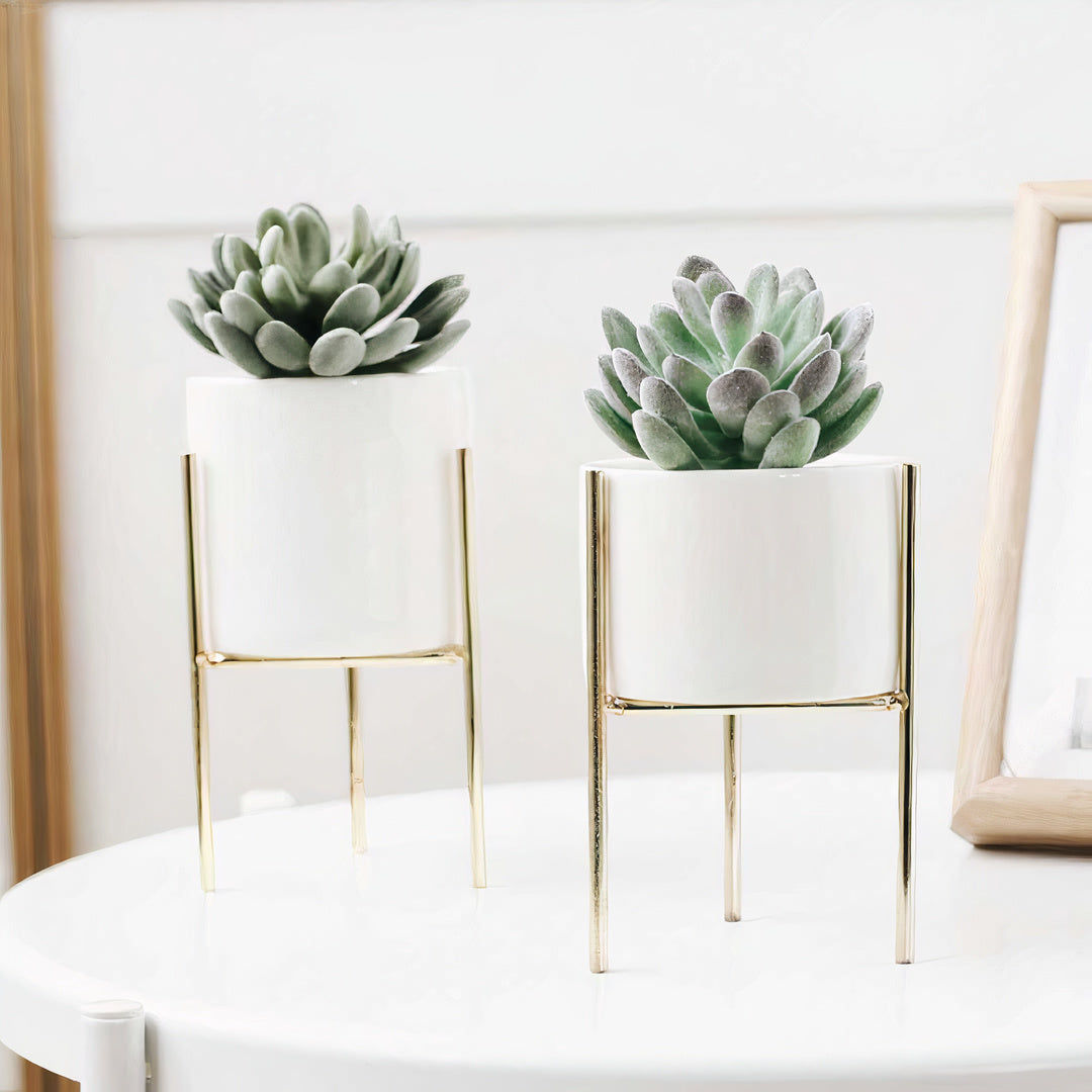Modern Ceramic Planter with 3 Leg Metal Base