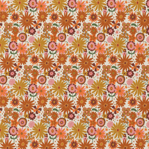 Tissu coton imprimé fleuri type Liberty Chicoree orange et jaune