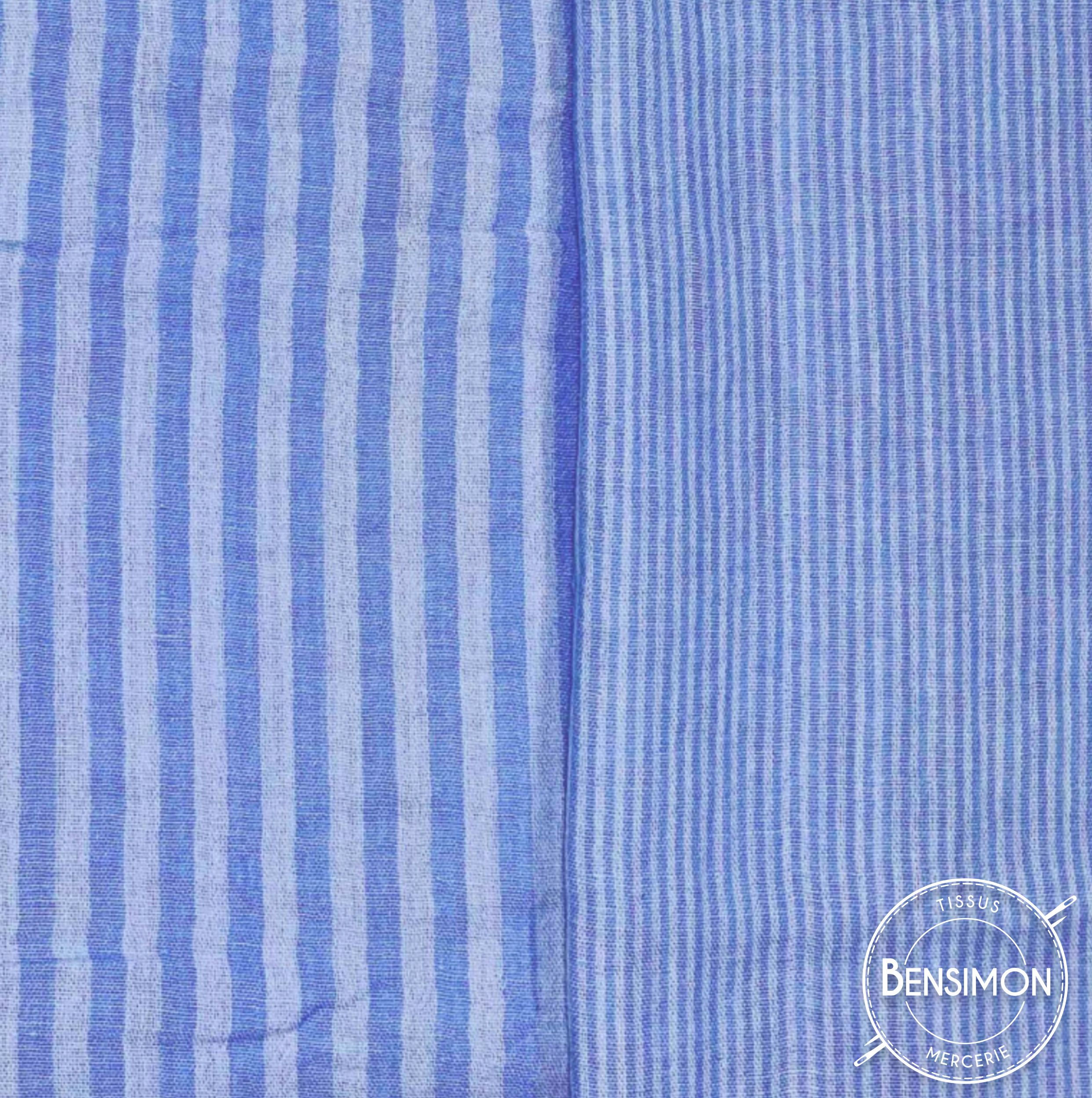 Double gaze coton imprimée - Rayures bleu ciel X 50cm