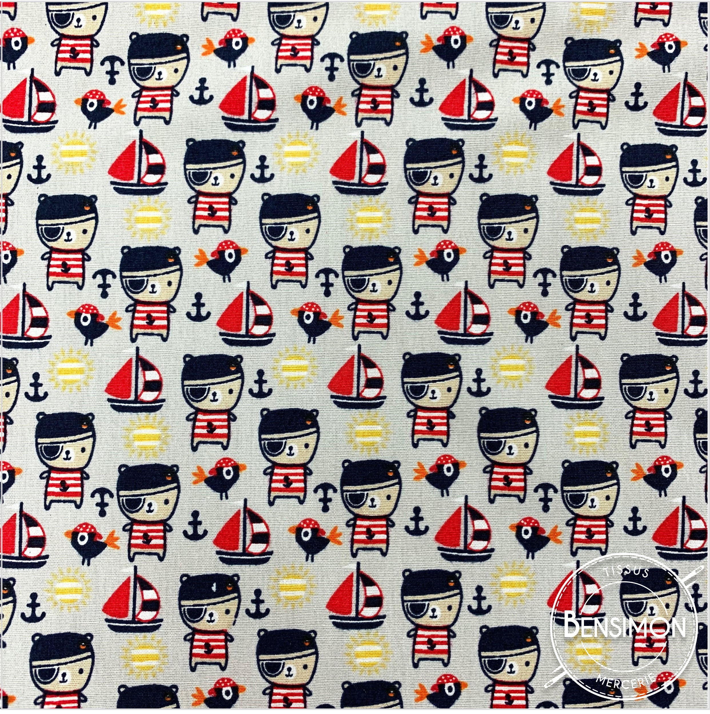 Tissu coton imprimés - Petits pirates gris X 50cm