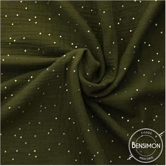 tissu double gaze de coton à pois doré kaki bronze