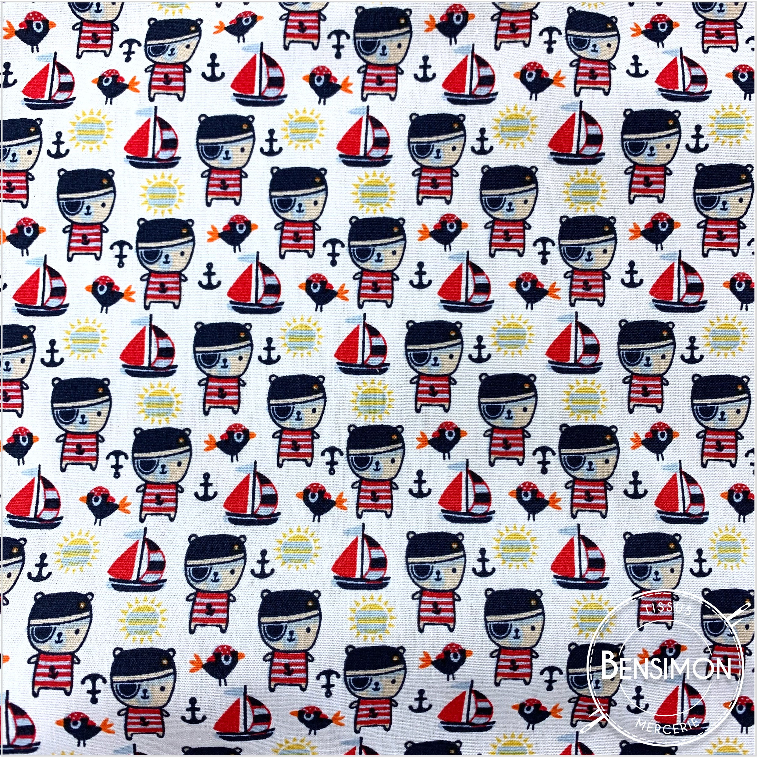 Tissu coton imprimés - Petits pirates blanc X 50cm