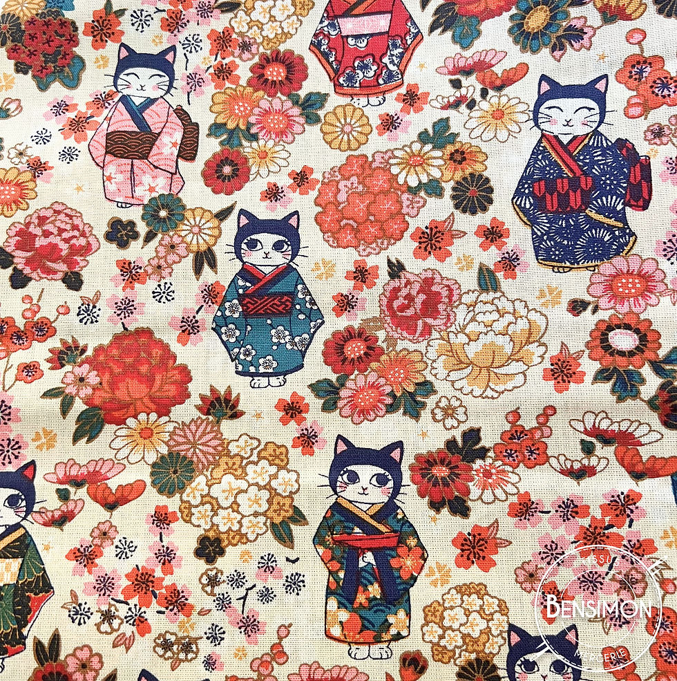 Tissu cretonne coton imprimé - Kimono chat X 50cm