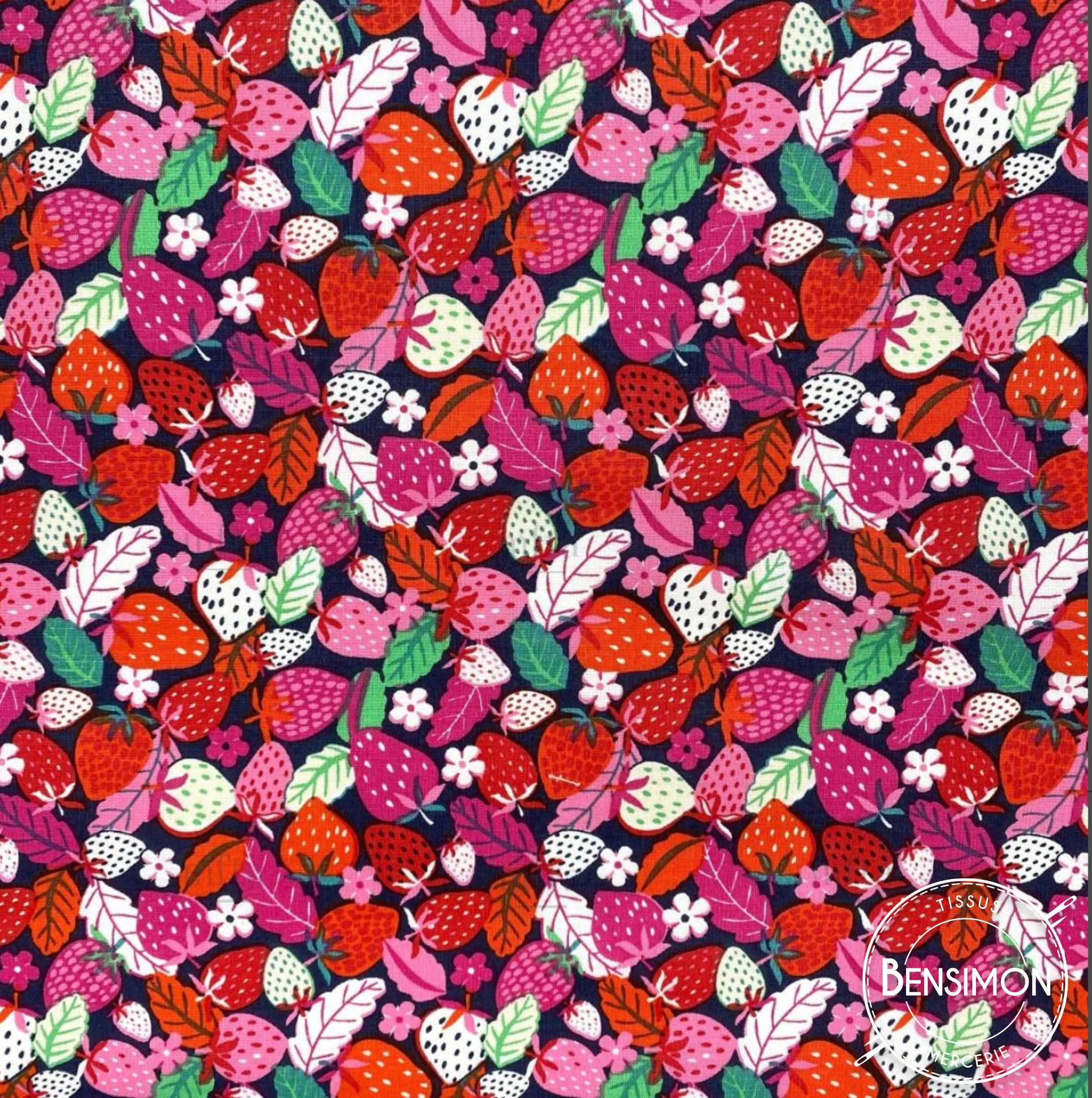 Tissu cretonne coton imprimé - Fraises X 50cm