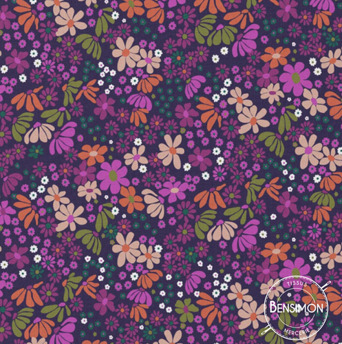 Tissu coton imprimé fleuri esprit Liberty Maria violet X 50cm