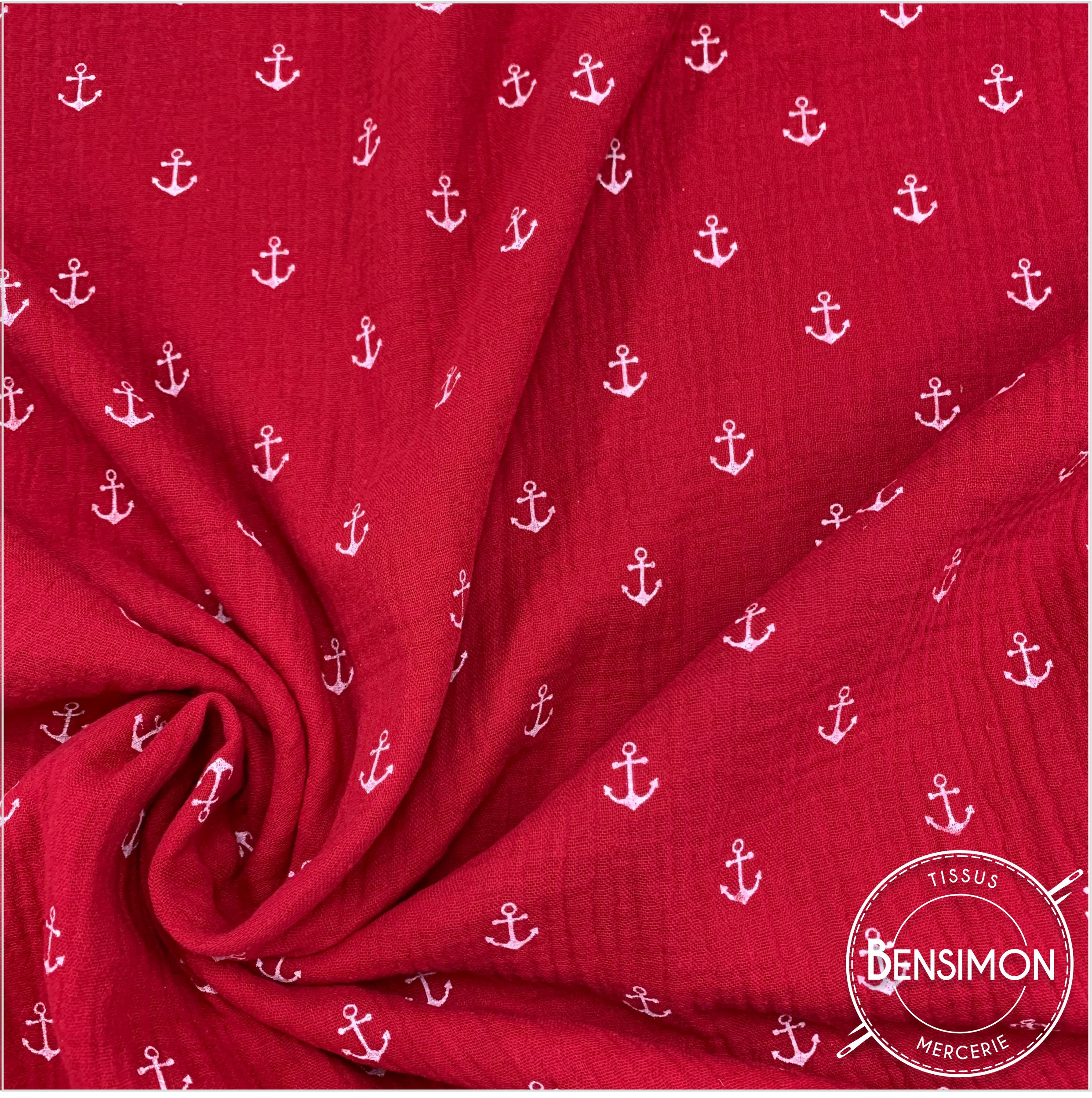tissu double gaze de coton imprimé ancres rouge
