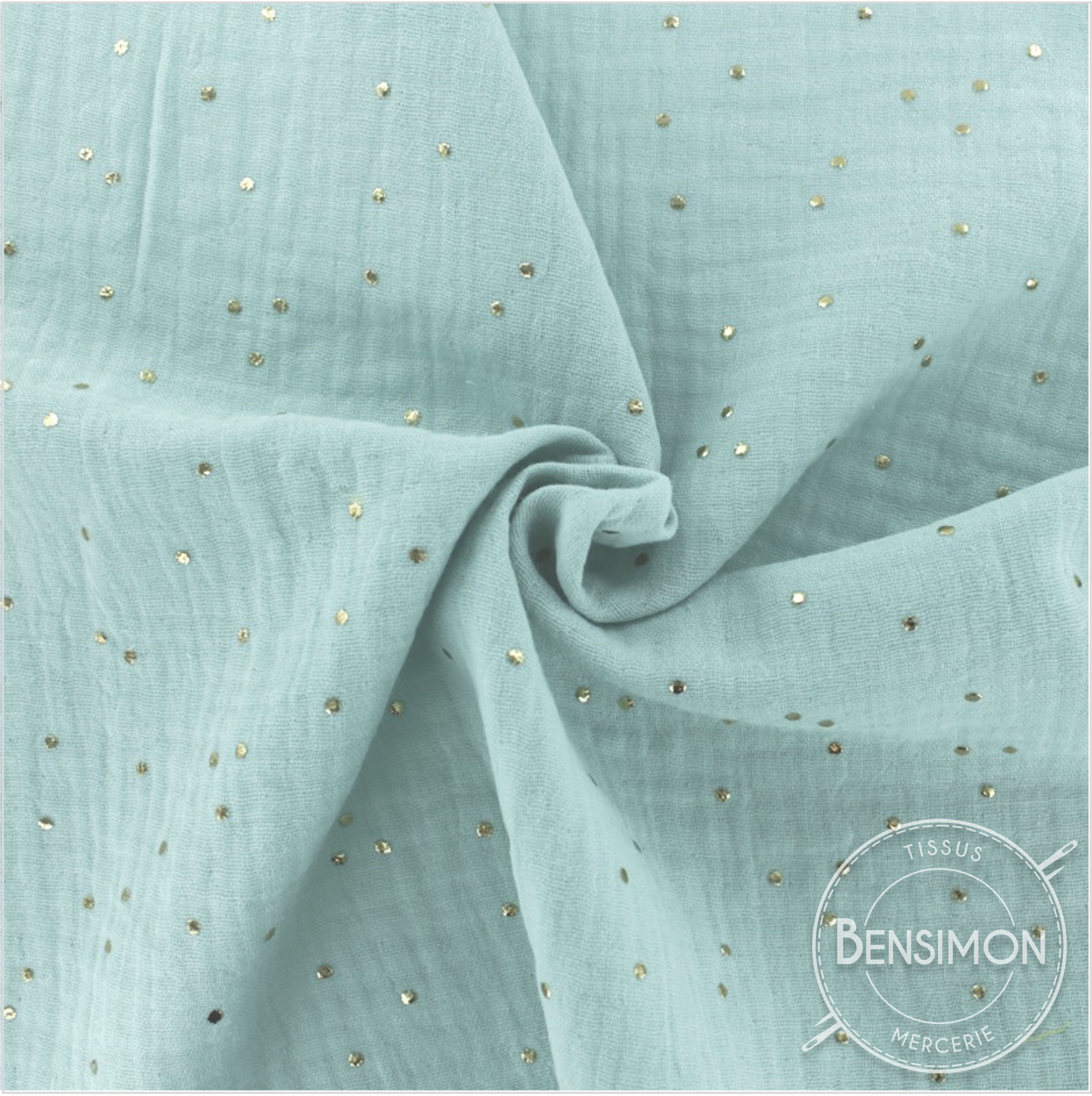 tissu double gaze de coton à pois dorés menthe clair