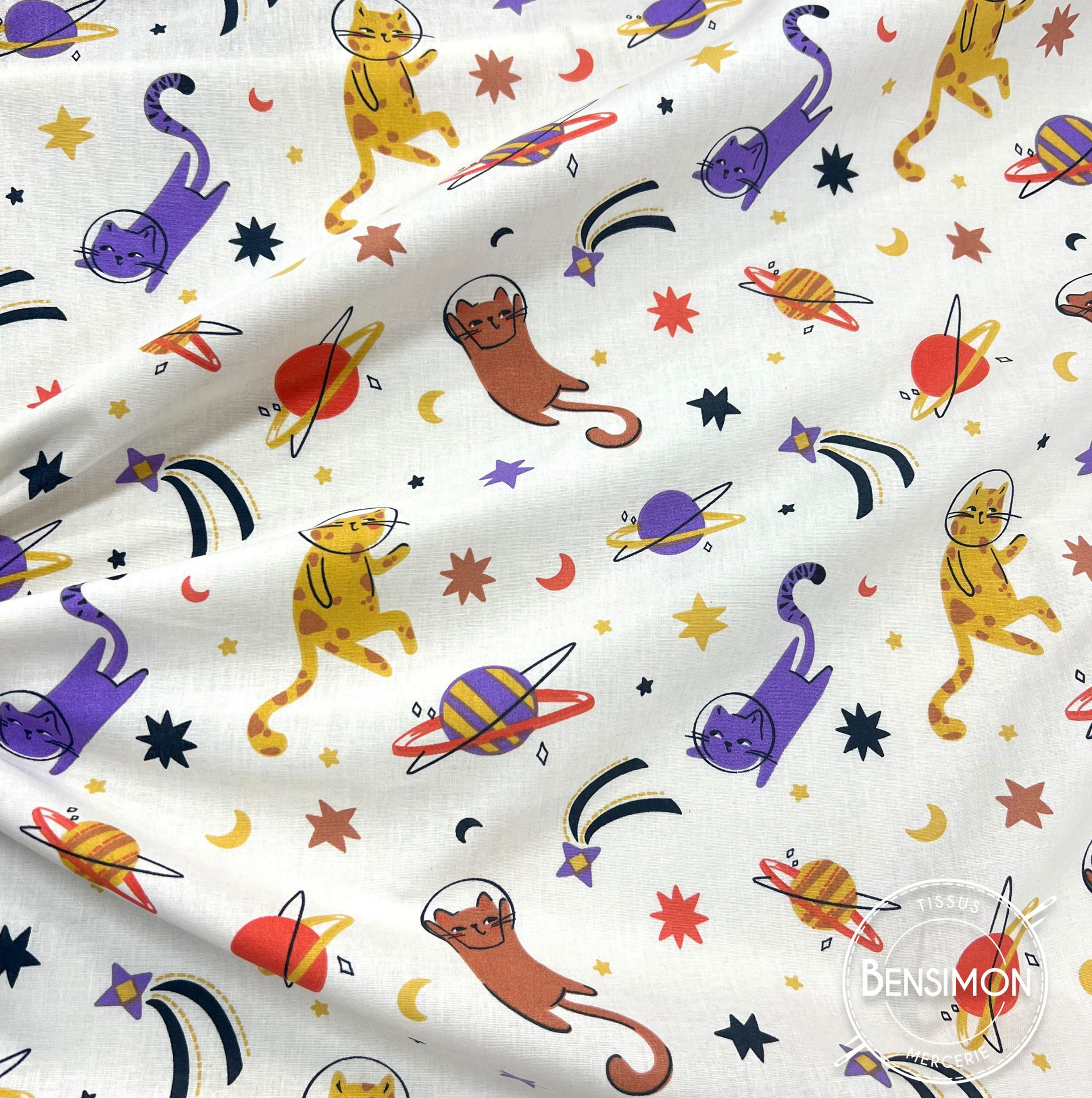 Tissu coton imprimé - Chats dans l'espace X 50cm