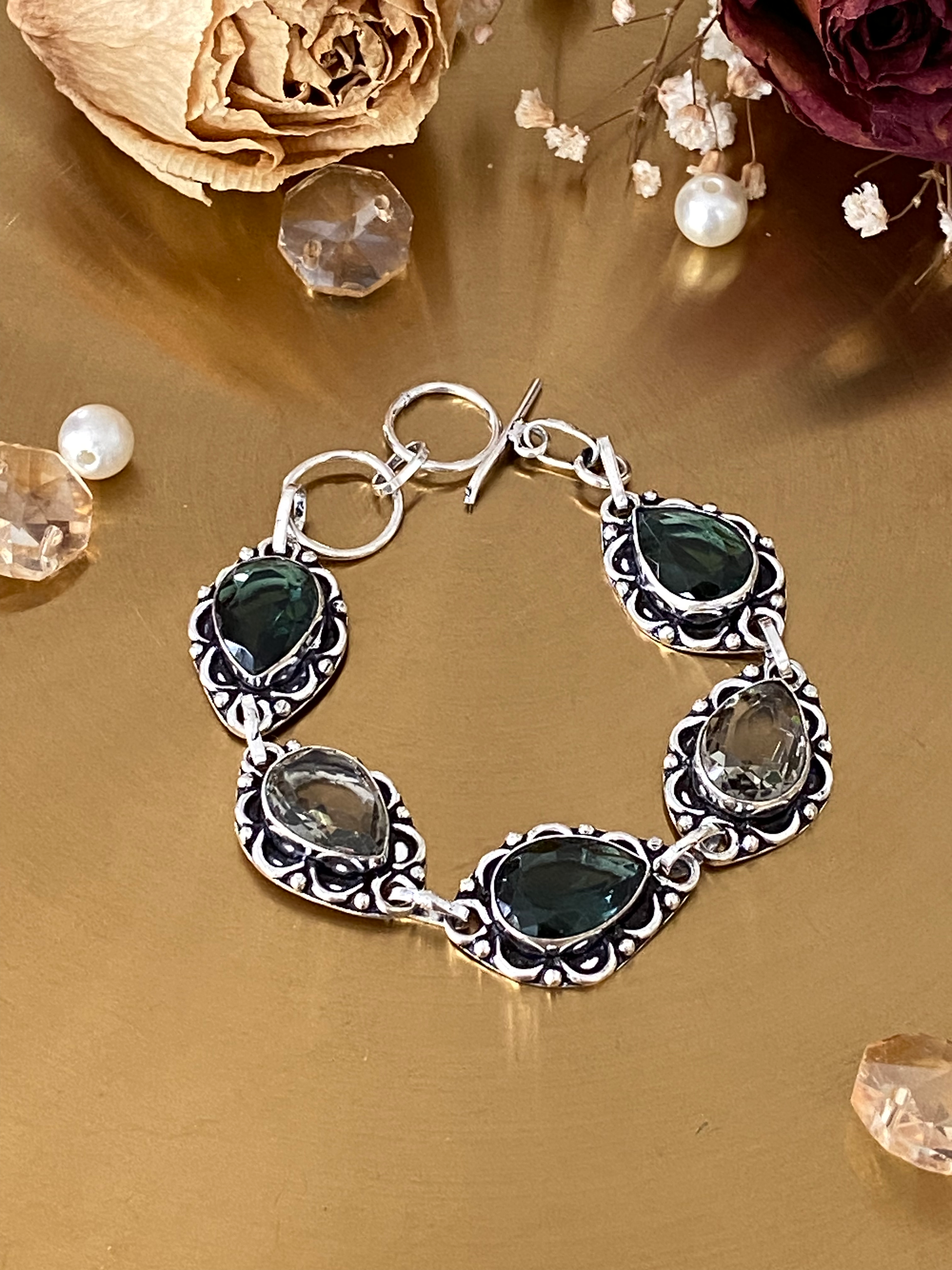 Green Quartz And Iolite Handcrafted Bracelet