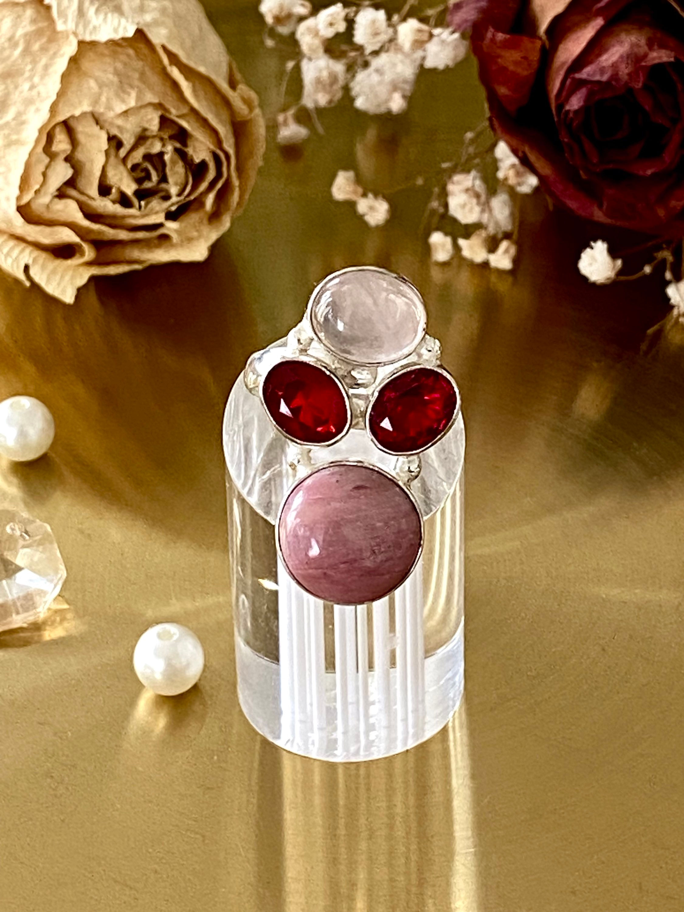 Pink Opal, Rose Quartz And Garnet Ring Size 8