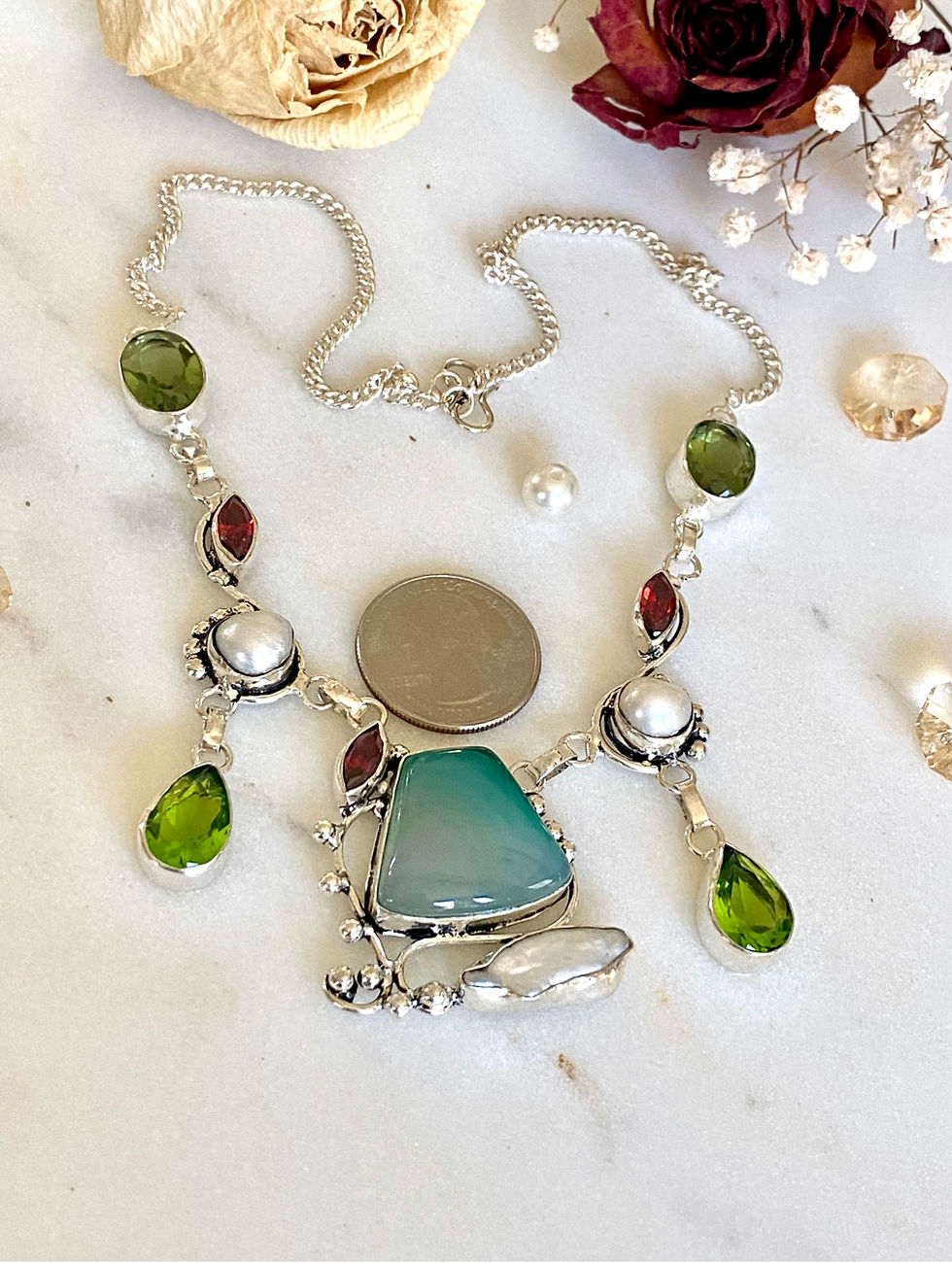Thumbnail: Botswana Agate, Biwa Pearl, Peridot And Garnet Dangle Necklace